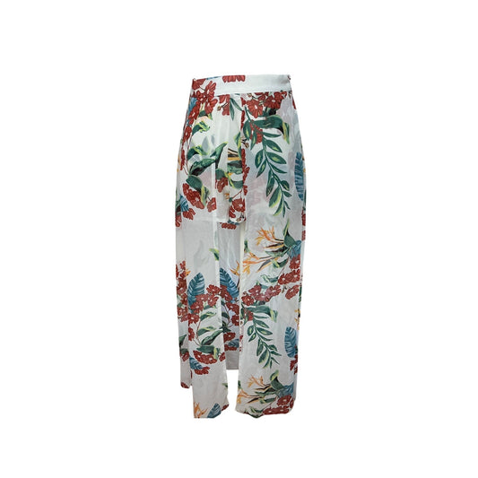 Guess Los Angeles Tropical Floral Wide Leg Pants White High Rise Resort XS