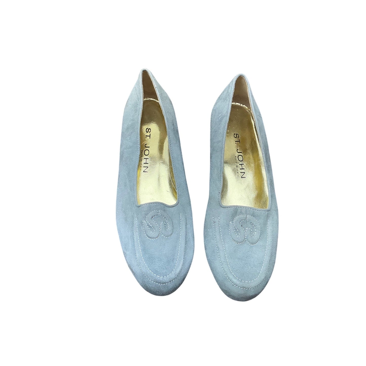 St. John Light Blue Suede Loafers Slip On Flats Embroidered Logo Women’s Sz 6.5