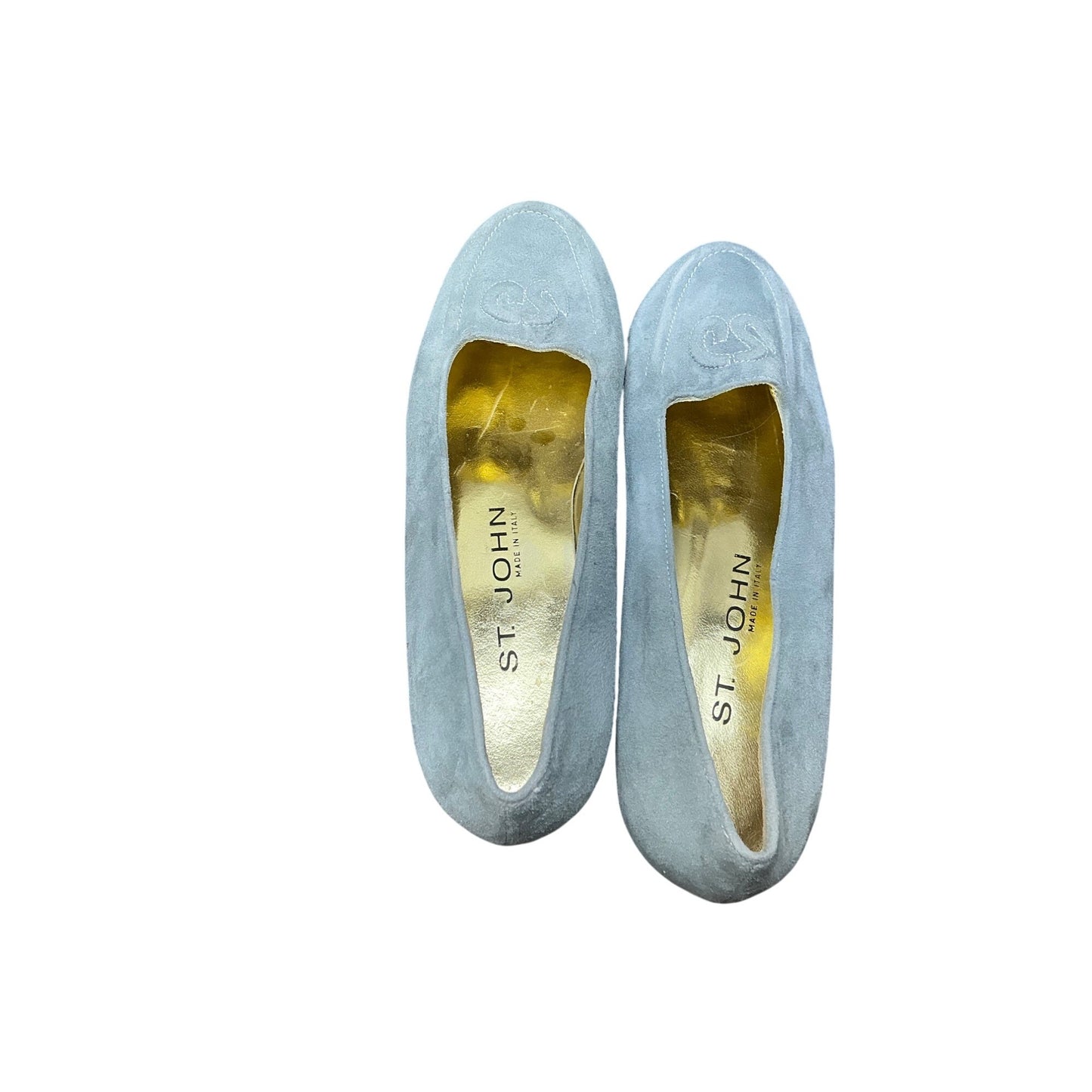 St. John Light Blue Suede Loafers Slip On Flats Embroidered Logo Women’s Sz 6.5