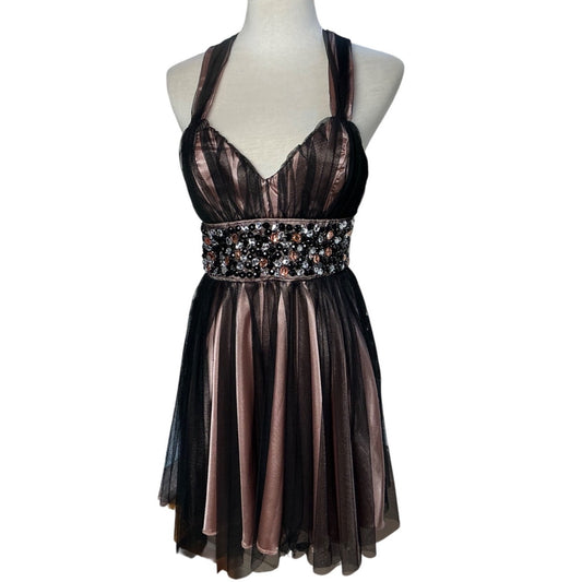 NWT Trixxi Girl Bronze Metallic Beaded Crisscross Halter Cocktail Party Dress Size 3