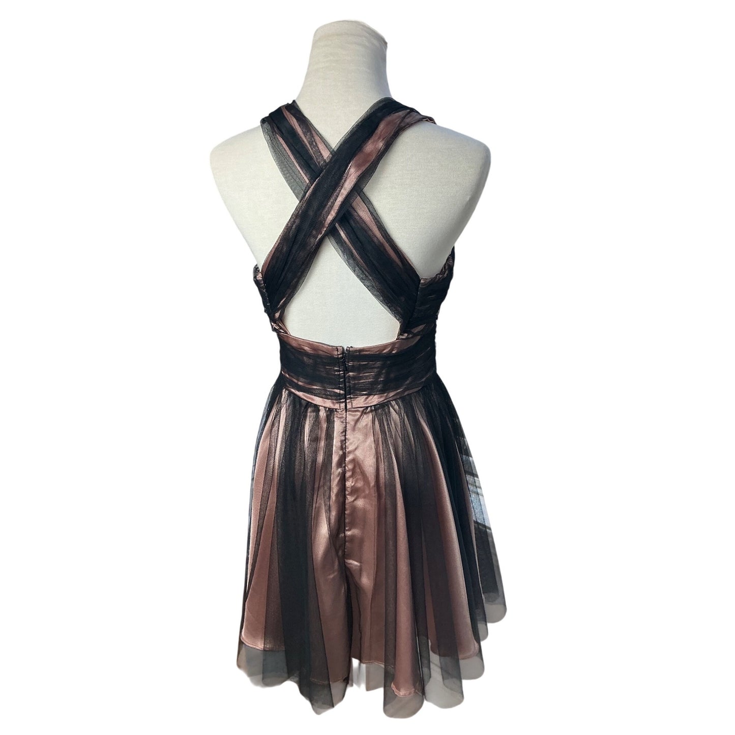 NWT Trixxi Girl Bronze Metallic Beaded Crisscross Halter Cocktail Party Dress Size 3