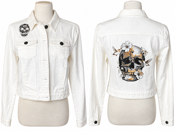Slate & Clover Originals One-of-a-Kind White Denim Floral Skull Cropped Jacket L