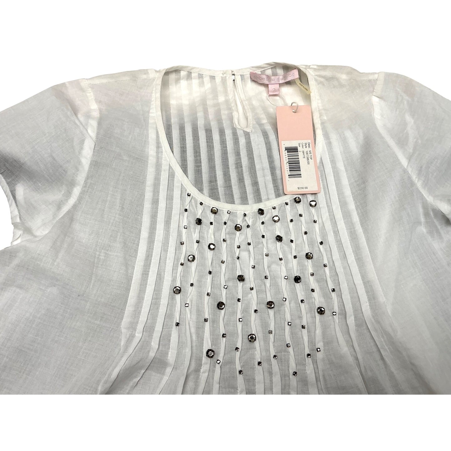 NWT Rebecca Taylor White Beaded Pintuck Tunic Blouse Flutter Sleeve Romantic Boho Top Sz