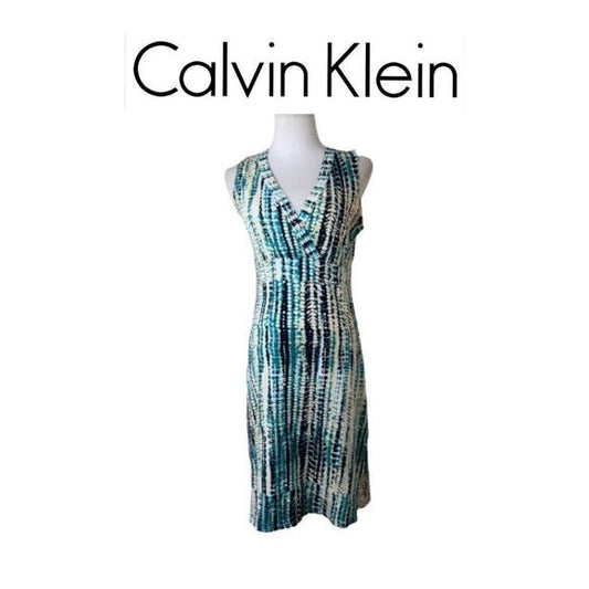 Calvin Klein Jeans Blue Abstract Print Sleeveless V-Neck Dress SZ S