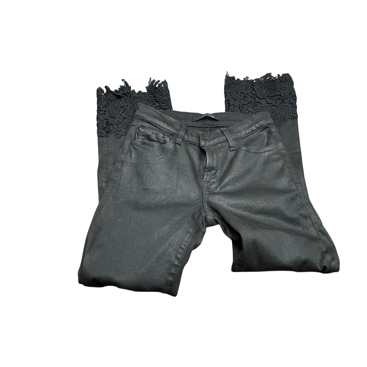 J Brand Black Coated Skinny Jeans Lace Hem Detail Designer Denim Pants Sz 24