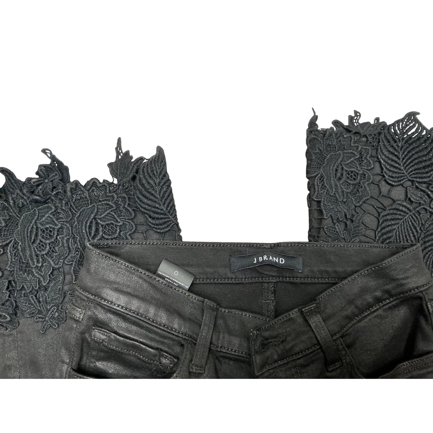 J Brand Black Coated Skinny Jeans Lace Hem Detail Designer Denim Pants Sz 24